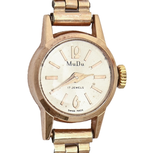 222H - A MuDu lady's gold wristwatch, marked 18k 750, on gold plated bracelet