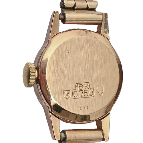 222H - A MuDu lady's gold wristwatch, marked 18k 750, on gold plated bracelet