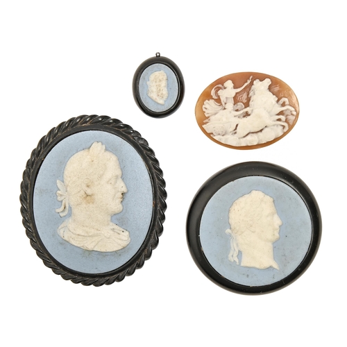 226 - Three jasper ware cameos of classical philosophers, 19th c, 50mm and smaller, each mounted and an ov... 