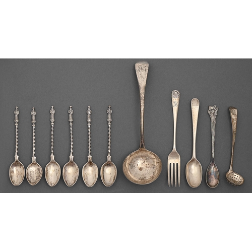 284 - Miscellaneous silver flatware, George III and later, to include a set of six twist stem Apostle patt... 