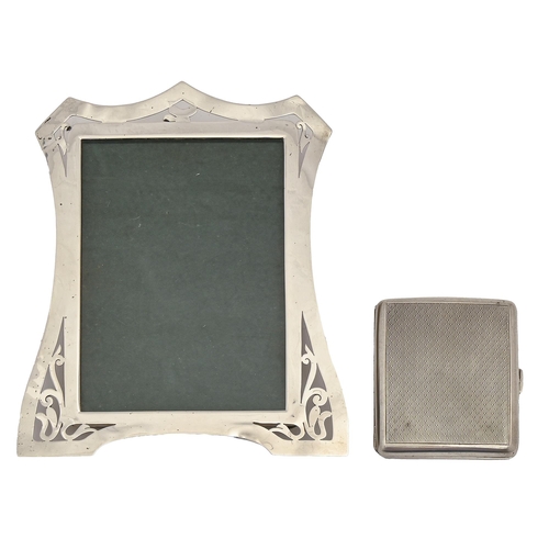 288 - An Edwardian pierced silver photograph frame, 18cm h, by Lawrence Emanuel, Birmingham 1909 and a sil... 