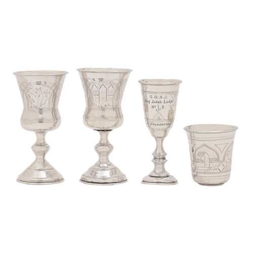 303 - Judaica. A pair of Russian silver kiddush cups, 90mm h, Moscow 1895, one other, Birmingham 1912 and ... 