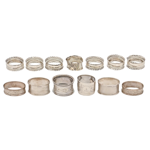 304 - Six, a pair and a set of five silver napkin rings, Edward VII-Elizabeth II, various makers, 3ozs 16d... 