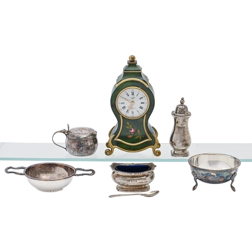 305 - A George V silver salt cellar and pepperette, a Swiss miniature painted Neuchatel musical alarm time... 