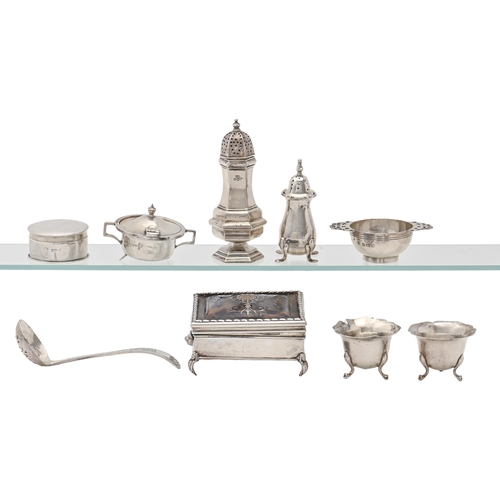 306 - A George V miniature silver quaich, three and a pair of contemporary silver condiments, a silver sug... 