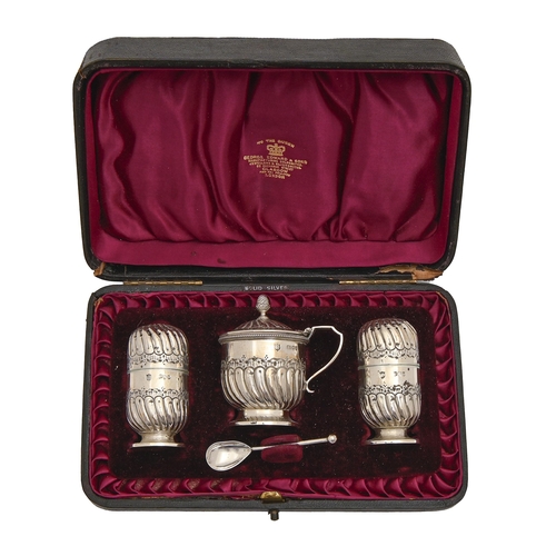 319 - A Victorian silver wrythen fluted condiment set, pepperette 62mm h, by Horace Woodward & Co, Lon... 