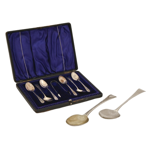 321 - A set of six Victorian silver coffee spoons and pair of sugar tongs, by Harrison Brothers & Hows... 