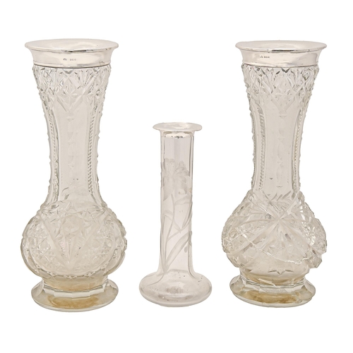 347 - A pair of silver mounted cut glass vases, one damaged and smaller engraved glass cylindrical vase wi... 