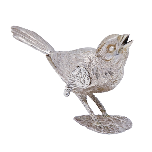 358 - A Spanish silver songbird novelty condiment, 20th c, 90mm l, maker's and control marks, 1oz 18dwts... 