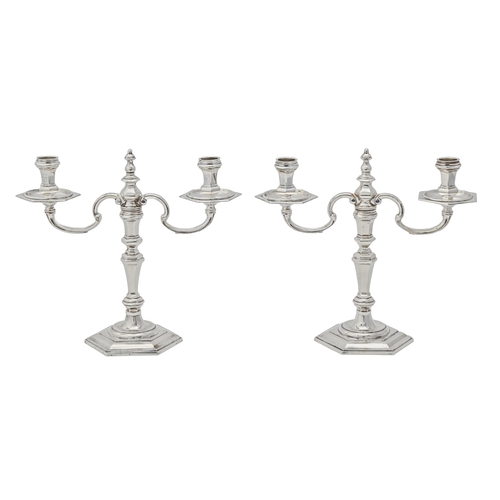 370 - A pair of Elizabeth II silver candelabra, of hexagonal shape, in George II style, 26cm h, by C J Van... 