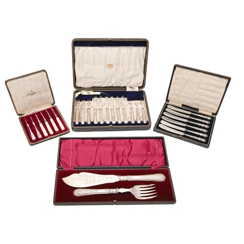 382 - A set of six George V silver hafted pastry knives and forks, Sheffield 1921, cased, a cased set of s... 