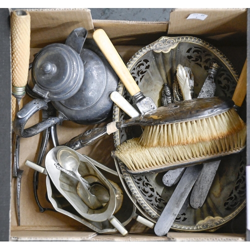 395 - Two silver brushes and miscellaneous plated ware, etc