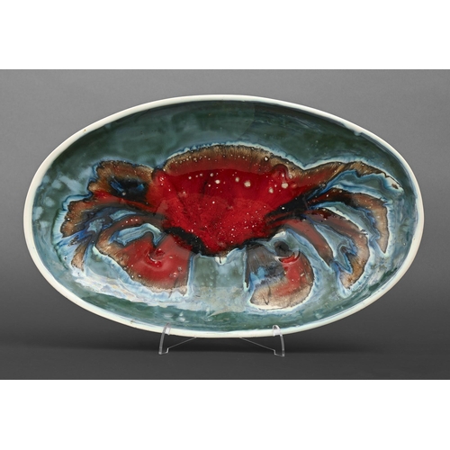 408 - David Sharp - Crab dish, tin glazed earthenware, 42cm l, painted signature DAVID SHARP RYE... 