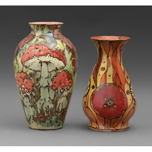 413 - Studio pottery. Jonathan Cox (1984 - ) - Vases, two, earthenware, painted and lustred, 22 and 26cm h... 