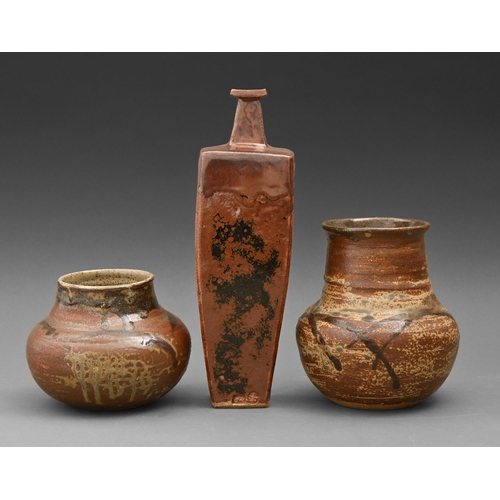 417 - Studio pottery. Joanna Wason (1952 - ) - Vases, three, two thrown, one slabbed stoneware, ash or iro... 