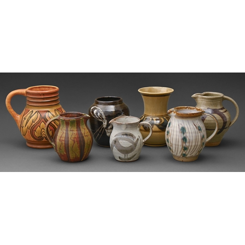 421 - A Yelland jug, two others and a vase, stoneware, painted and glazed, vase 14cm h, potter's seals / i... 