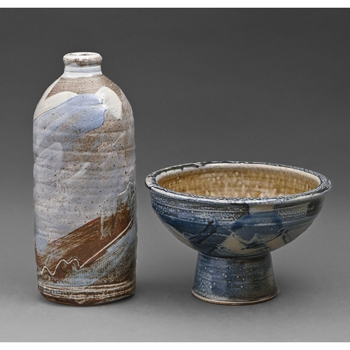 423 - Studio pottery. A bottle and footed bowl, stoneware, thrown and glazed, bottle 32cm h... 