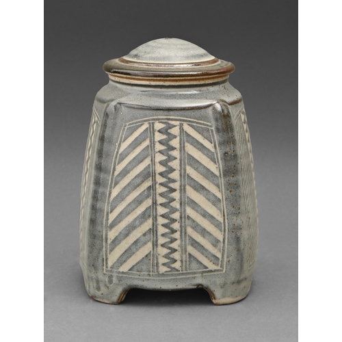 431 - Studio pottery. Christoper Lewis (1951 - ) - Four sided jar and cover, stoneware, painted and glazed... 