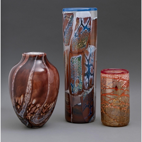 443 - Studio glass. Denby, Derbyshire - Cylindrical vases, three, embedded or lustre, 32cm h and smaller, ... 