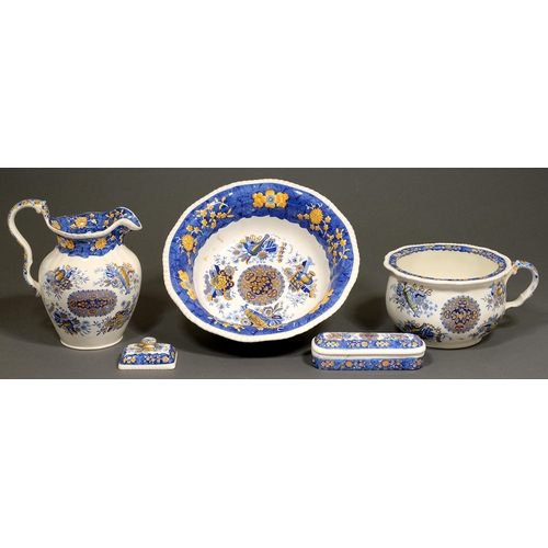 456 - A Spode blue printed and yellow ochre enamelled earthenware Trophies-Marble pattern chamber set, mid... 