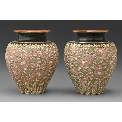 465 - A pair of Doulton Chine Gilt vases, c1900, 21cm h, impressed marks