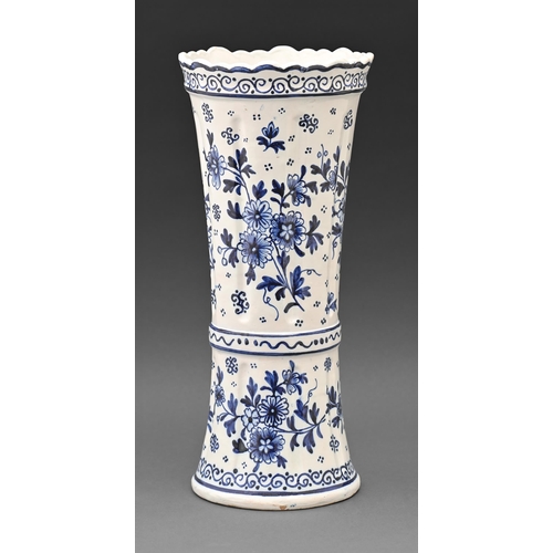 467 - A Dutch Delftware sleeve vase, 20th c, painted with flowers, 35cm h, painted mark