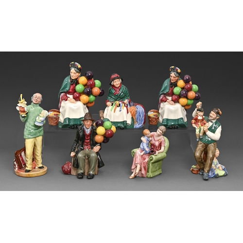 469 - Seven Royal Doulton earthenware figures, mid and late 20th c, including Punch & Judy Man, 22cm h... 