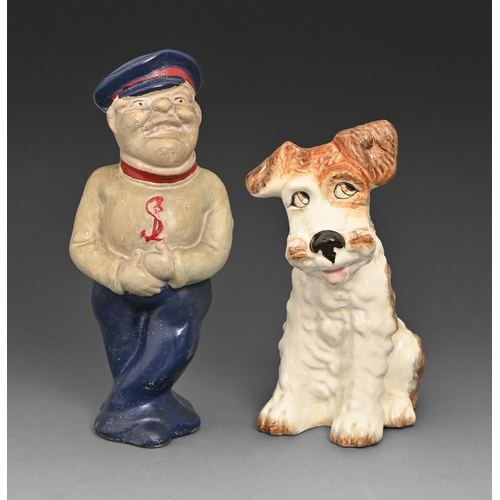 473 - A Shaw & Copestake Sylvac earthenware model of a terrier and a cold painted white terracotta fig... 