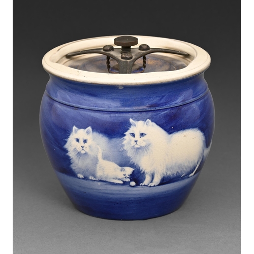 476 - A Grimwades blue printed earthenware tobacco jar and cover, early 20th c, decorated with cats, 12cm ... 