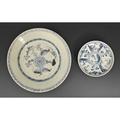 481 - A Chinese blue and white plate from the Tek Sing Cargo, c1820, painted with a peony in diaper border... 