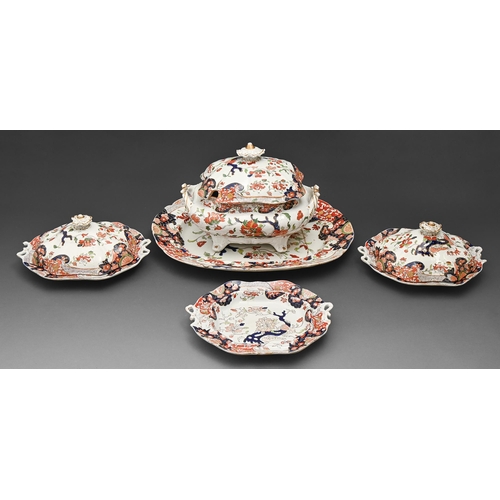 485 - A Masons Ironstone Japan pattern dinner service, c1835, soup tureen and cover 23cm h, printed mark a... 