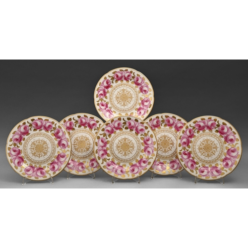 486 - A set of six Chelson bone china dessert plates, c1930, painted after Spode with roses and gilt leave... 