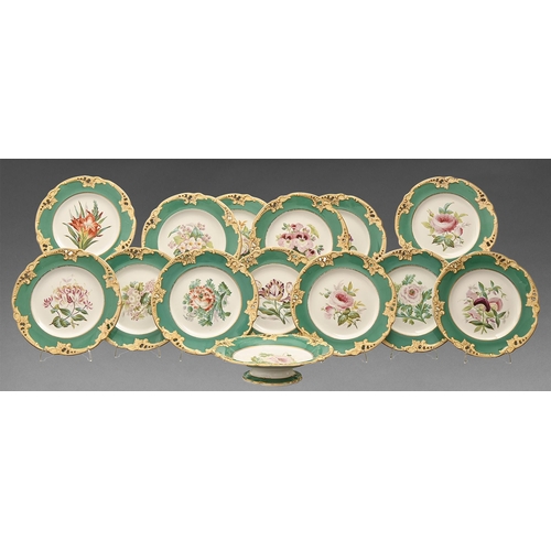 488 - A Staffordshire bone china botanical dessert service, c1870, with pierced chrome green, yellow and g... 