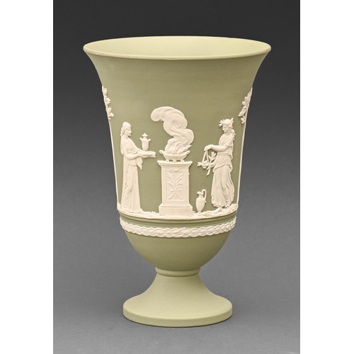 491 - A Wedgwood green jasper ware vase, 20th c, sprigged with classical figures, 19cm h, impressed mark... 