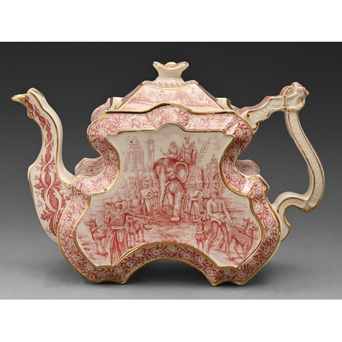 493 - A Staffordshire earthenware teapot and cover, c1895, transfer printed in puce with an elephant in pr... 