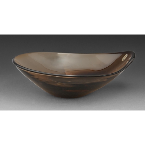 498 - A Whitefriars cinnamon glass bowl, c1970, 30cm l, part paper label