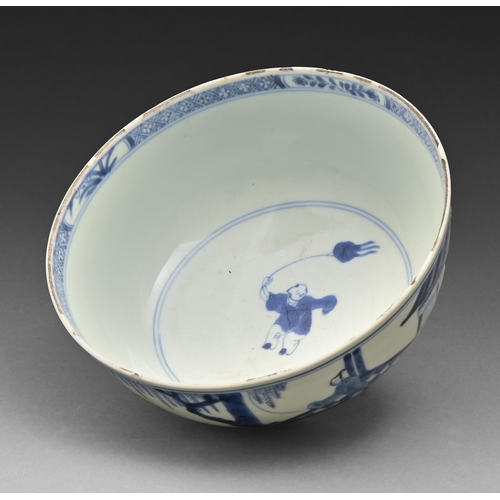 501 - A Chinese blue and white bowl, Qing dynasty, 18th / 19th c, painted with a continuous scene with fig... 