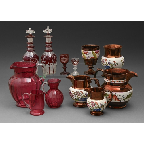 508 - Three Victorian copper lustre ware jugs, a goblet and vase, a pair of ruby flashed glass decanters a... 