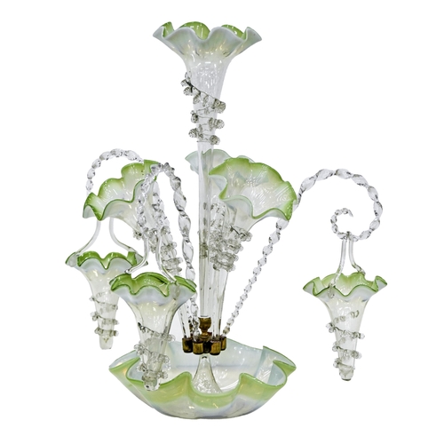 511 - A Victorian semi opalescent glass flower stand, of four vases and three hanging baskets, 52cm h... 