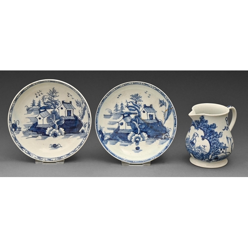 515 - A Worcester blue and white sparrow beak cream jug, c1760, painted to the front with a chinaman in a ... 