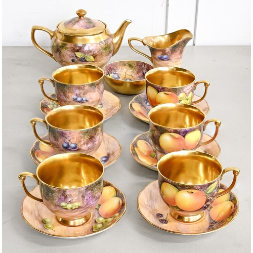 522 - An outside-decorated English porcelain tea service, c1970, painted by Leighton, each piece signed, w... 