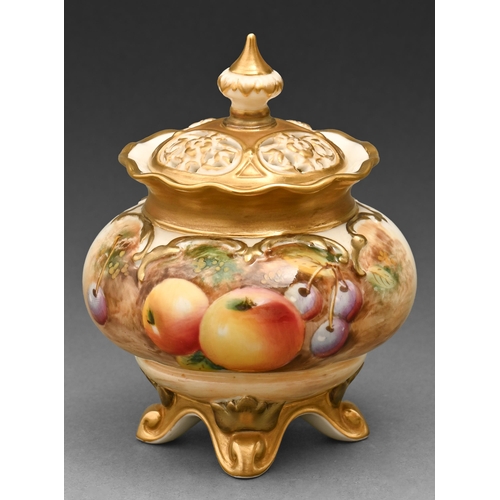 544 - A Royal Worcester pot pourri vase and cover, c1970, painted with fruit, signed, 11cm h, black printe... 