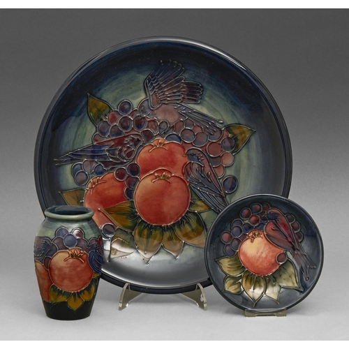 548 - A Moorcroft Finches plate, dish and vase designed by Sally Tuffin, 1988, plate 25.5cm diam, impresse... 