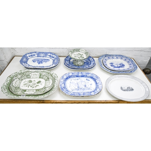 566 - Eleven English blue or green printed earthenware meat dishes, early-mid 19th c, various patterns, ma... 