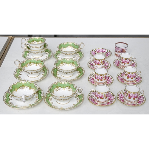 567 - A set of seven Chelson coffee cans and saucers, c1930, painted after Spode with cabbage roses and gi... 