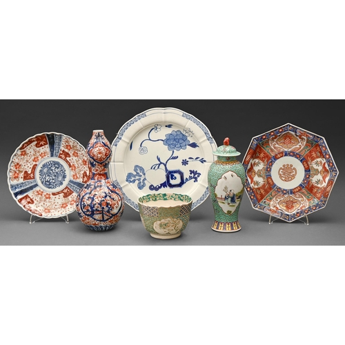 569 - A Japanese Imari octagonal plate and double gourd vase and miscellaneous ceramics, late 19th c and l... 