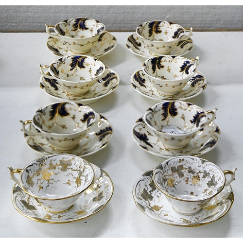 577 - A set of six Rockingham teacups and saucers, c1830-1842, of three spur handle shape, decorated in a ... 