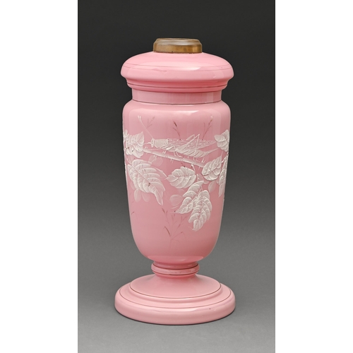 590 - A Victorian blancmange pink glass oil lamp and stand, painted in white enamel with blackberries, 34c... 