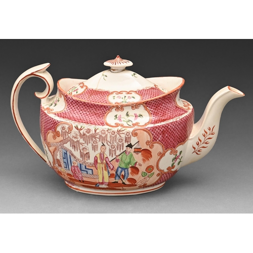 599 - A Staffordshire bone china New Oval teapot and cover attributed to Hicks & Meigh, c1810, printed... 