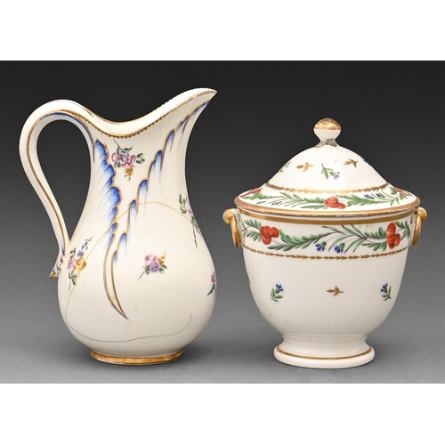 600 - A Sevres jug, 1756-7, painted by Francois Levavasseur, with bouquets, gilt dentil rim, 18cm h, paint... 